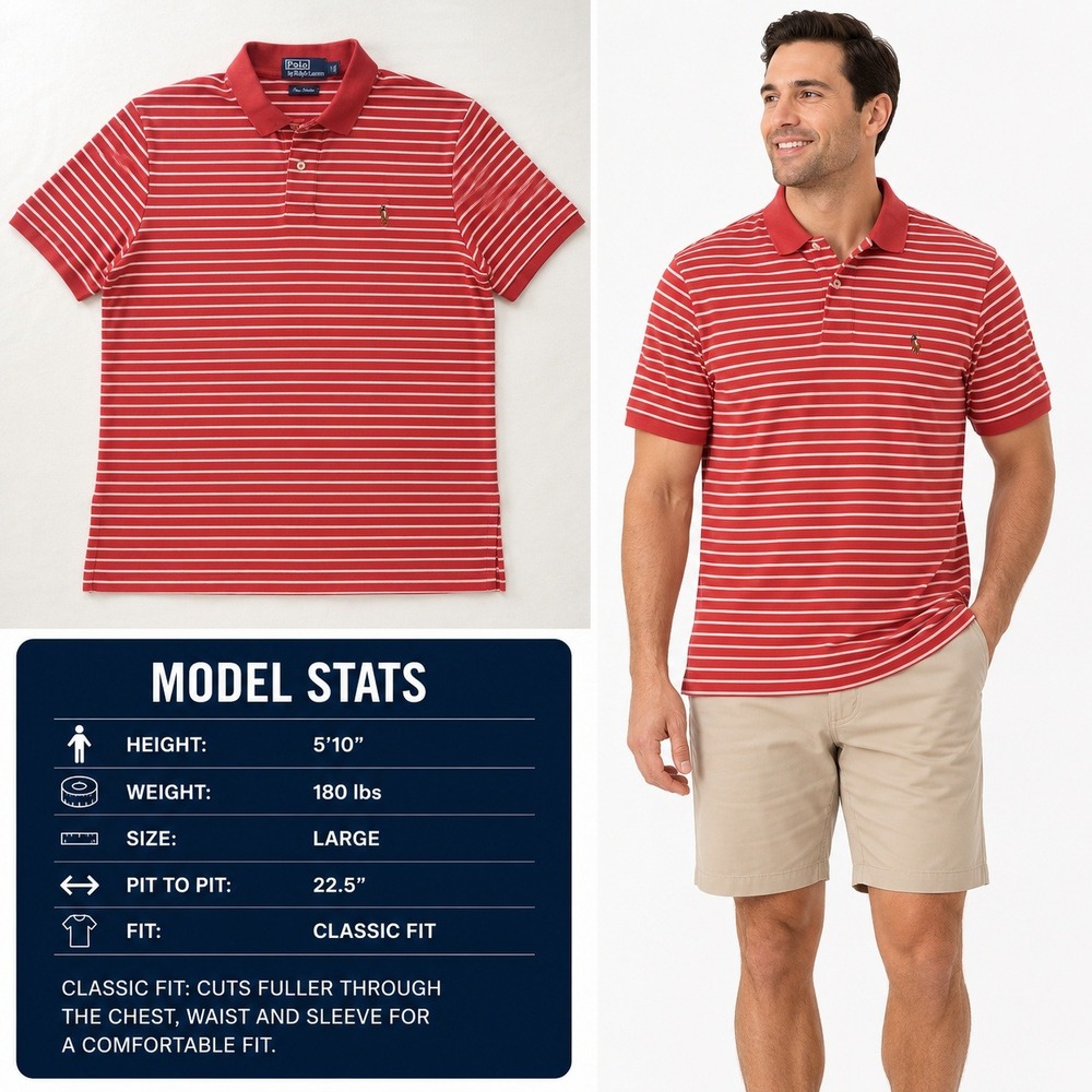 Polo Ralph Lauren Mens Large Red White Striped Pima Interlock Polo Shirt Classic